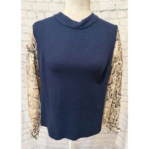 Kori America Womens Size Small Navy Blue Sweater With Snake Print Balloon Sleeve
